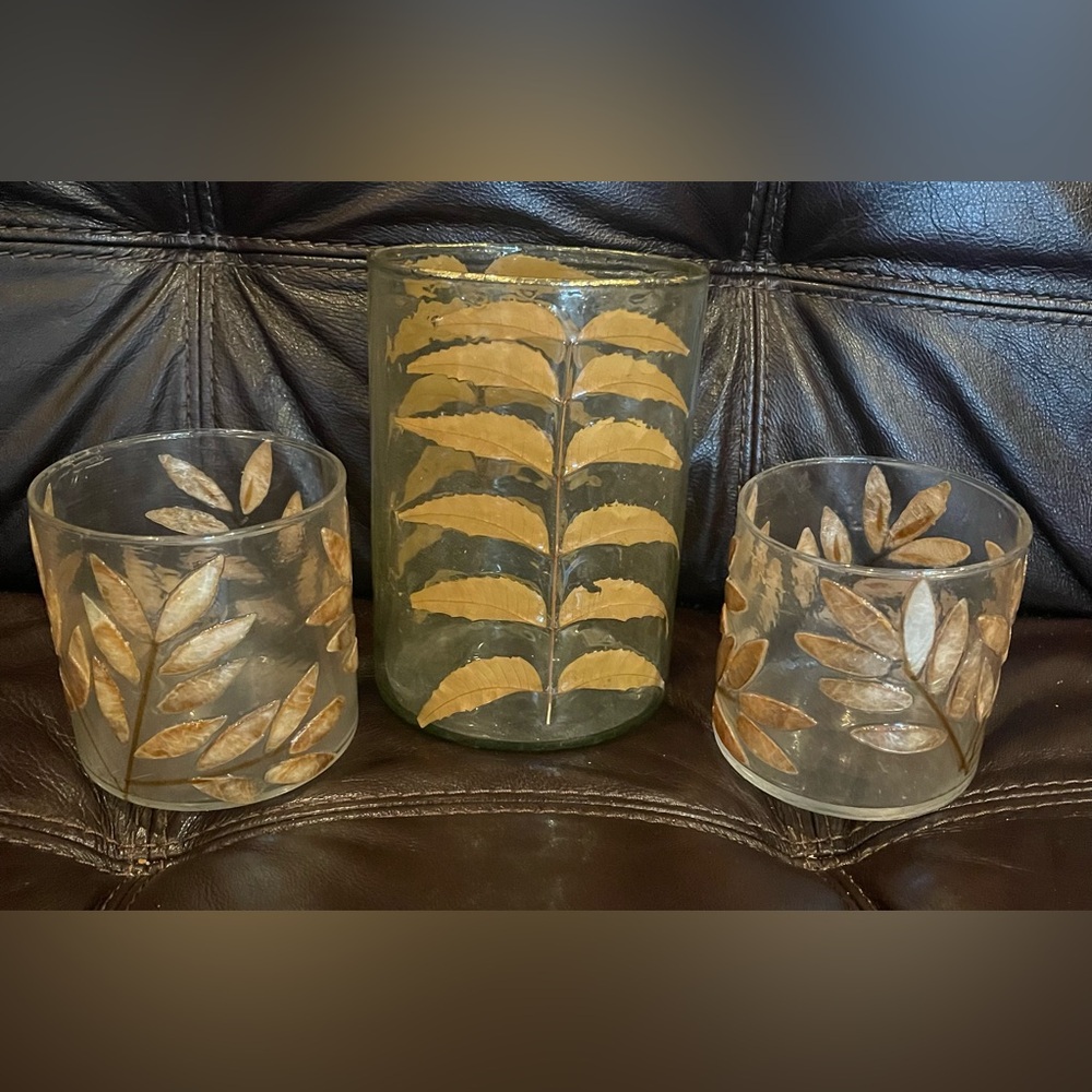 Gold Leaf Glass Candle Holder Set